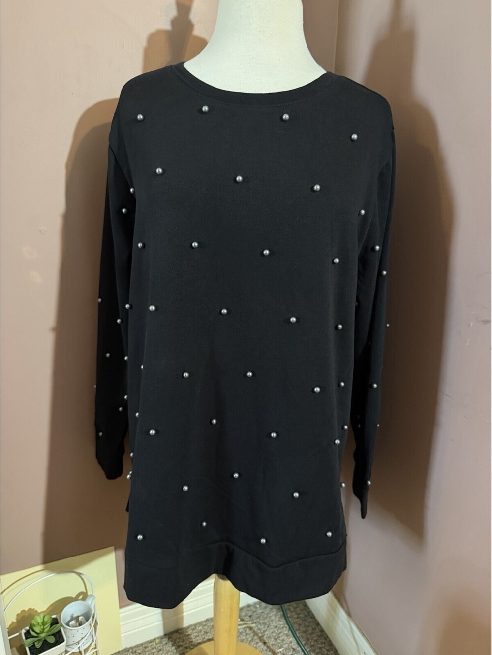 Lane Bryant Womens 14/16 Black Pearl Embellished Long Sleeve Tunic Top New